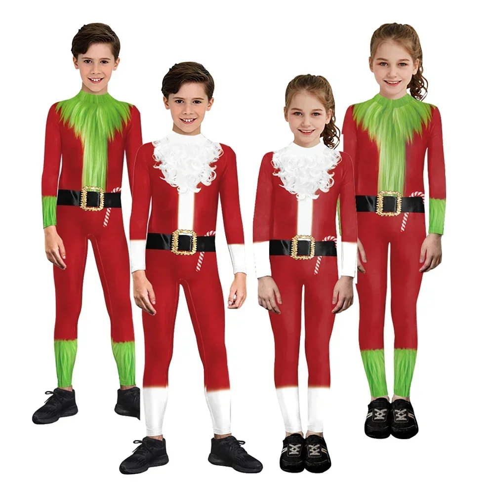

Santa Claus Costume Christmas Cosplay Elf Green 3D Print Zentai Bodysuit Festival Boy Girl Jumpsuit Xmas Dress Up Party Outfits