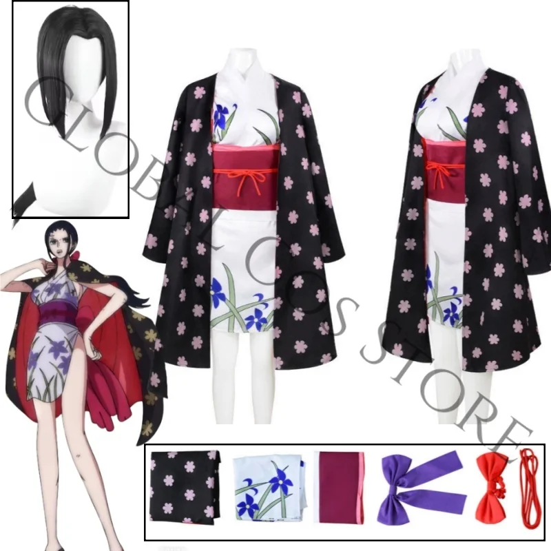 

Robin Cosplay Costume Sexy Black Cherry Blossom Haori Layered Over White Yukata Wig Full Set for Halloween Party Dress Up Suit