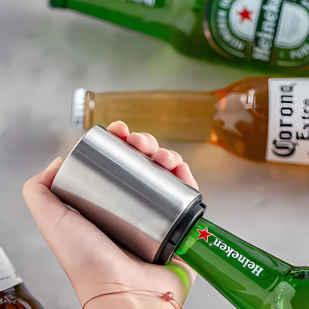 فتاحة زجاجات البيرة الأوتوماتيكية من الفولاذ المقاوم للصدأ فتاحة الضغط للأسفل لمغناطيس البيرة الصودا غطاء بار اكسسوارات المطبخ الطرف #1