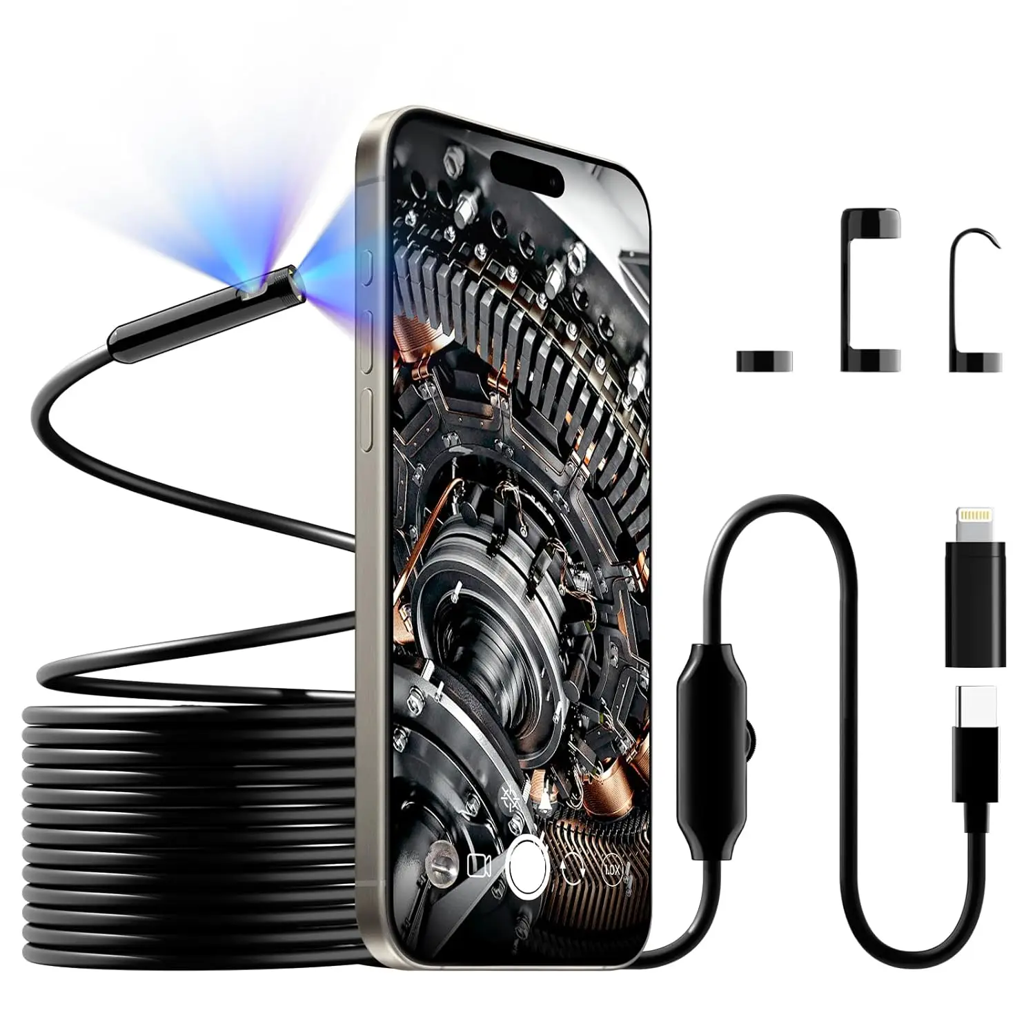 

Dual-Lens Borescope Camera 1920P HD with 8+1 LED Lights, IP67 Waterproof 16.5ft Semi-Rigid Cable for iPhone & Android