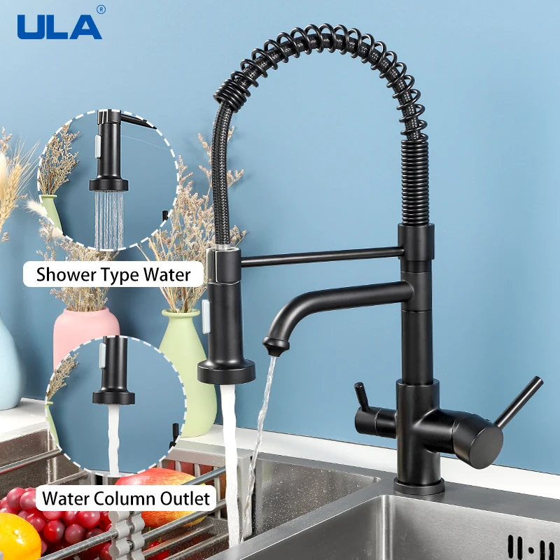 

ULA Black Spring Pull Down Kitchen Faucet Hot Cold Water Mixer Crane with Dual Spout Filtered Sink Faucet Drinking Water Tap