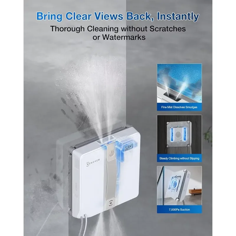 ECOVACS Mini Vacuum Window Cleaner Edge Detect 7500Pa Smart Obstacle Sensors Dirt Ultrasonic Mist Bathroom Glass view 4