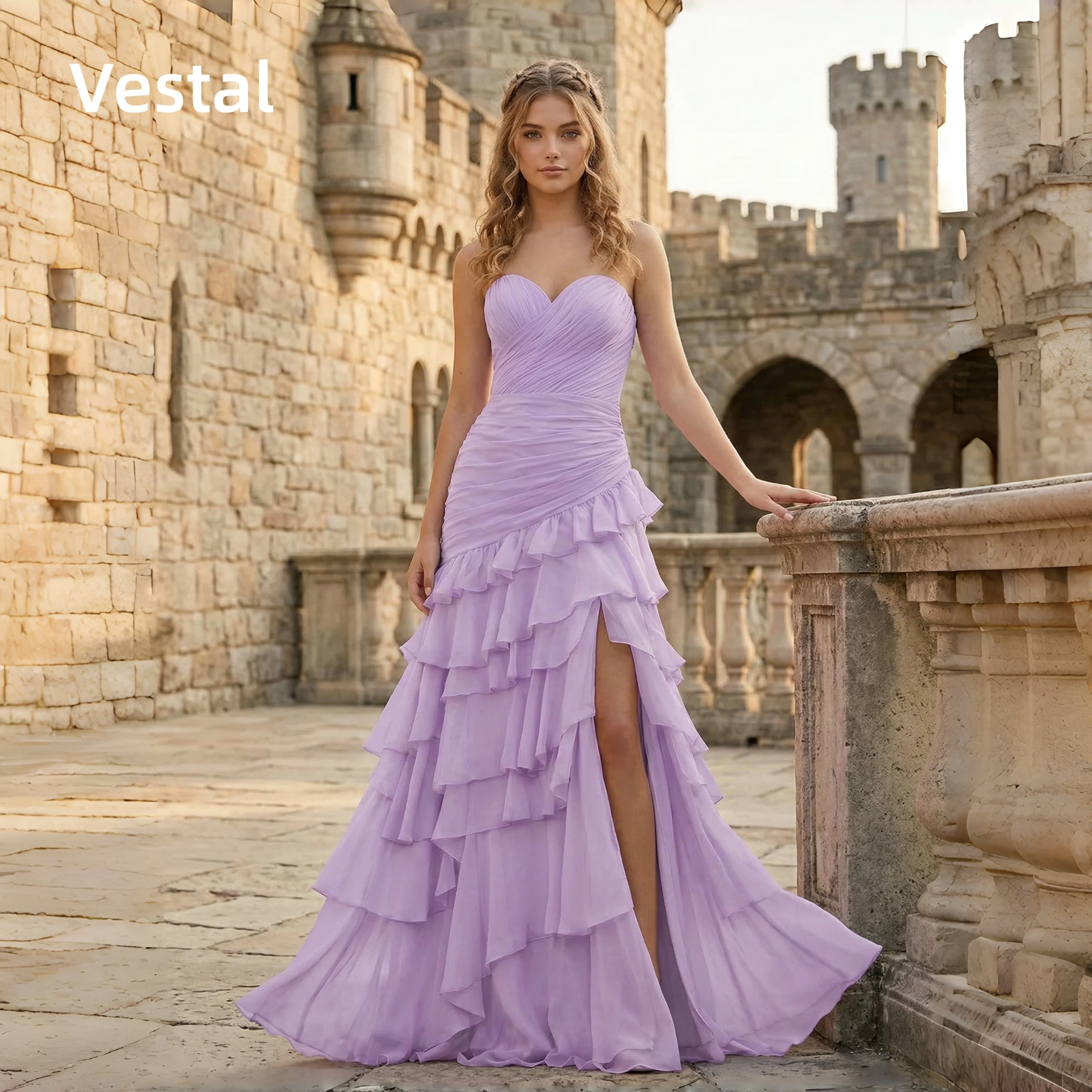 

Dreamy Lavender Strapless Prom Dress Ruffled Tiered High Slit Formal Evening Gown Customized