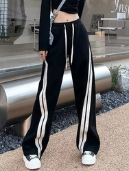 Zoki Streetwear Fashion High Waist Black Sweatpants Women Korean Lace Up Striped Casual Trousers Vintage Female Wide Leg Pants