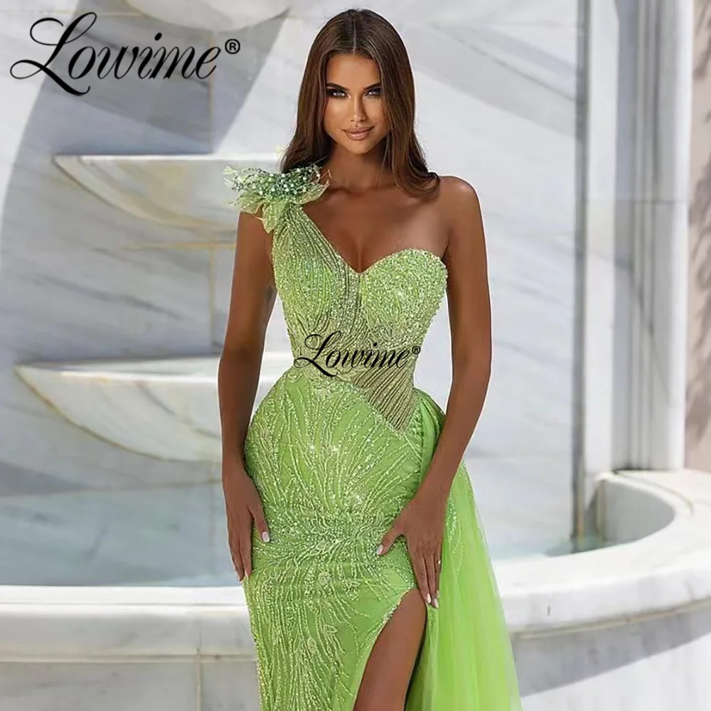 Lowime Green One Shoulder Long Party Dresses Custom Made Mermaid Beaded With Handmade Flower High Split Evening Prom Dress 2023