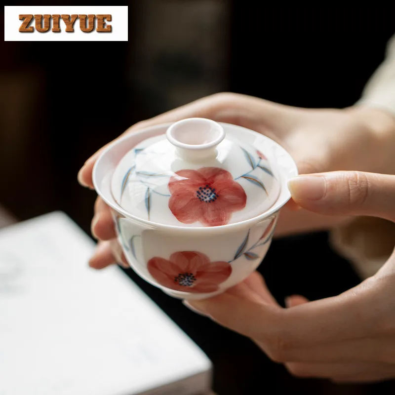 

120 мл Роскошная чайная чаша с ручной росписью «Цветение персика» Gaiwan, чайная чаша с крышкой, набор для приготовления чая, китайский чайный сервиз, украшения