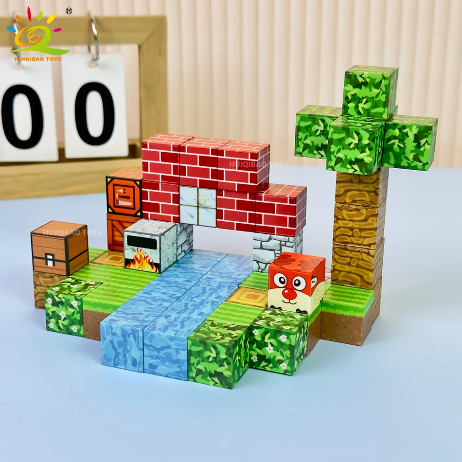 3D Square Jungle Adventure Blocos Magnéticos, DIY Puzzle, Mine World Cube, Magnet World Set, Brinquedo Sensorial Educacional para Crianças, Presente