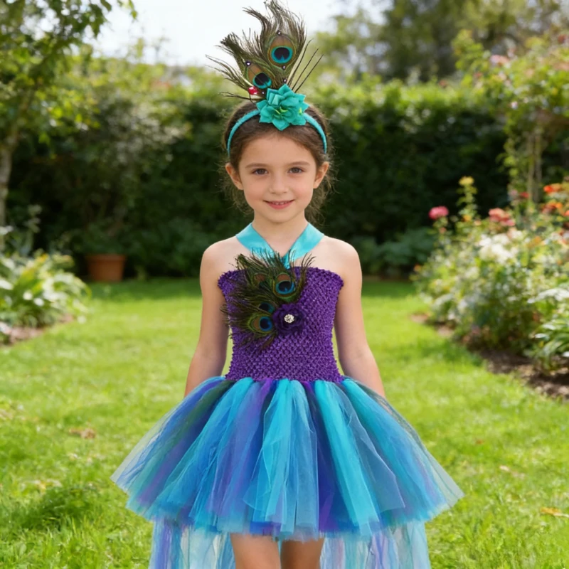 High Low Peacock Feathers Dresses for Girls Pageant Fullfy Tutus with Long Trail for Kids Birthday Halloween Trailing Costumes