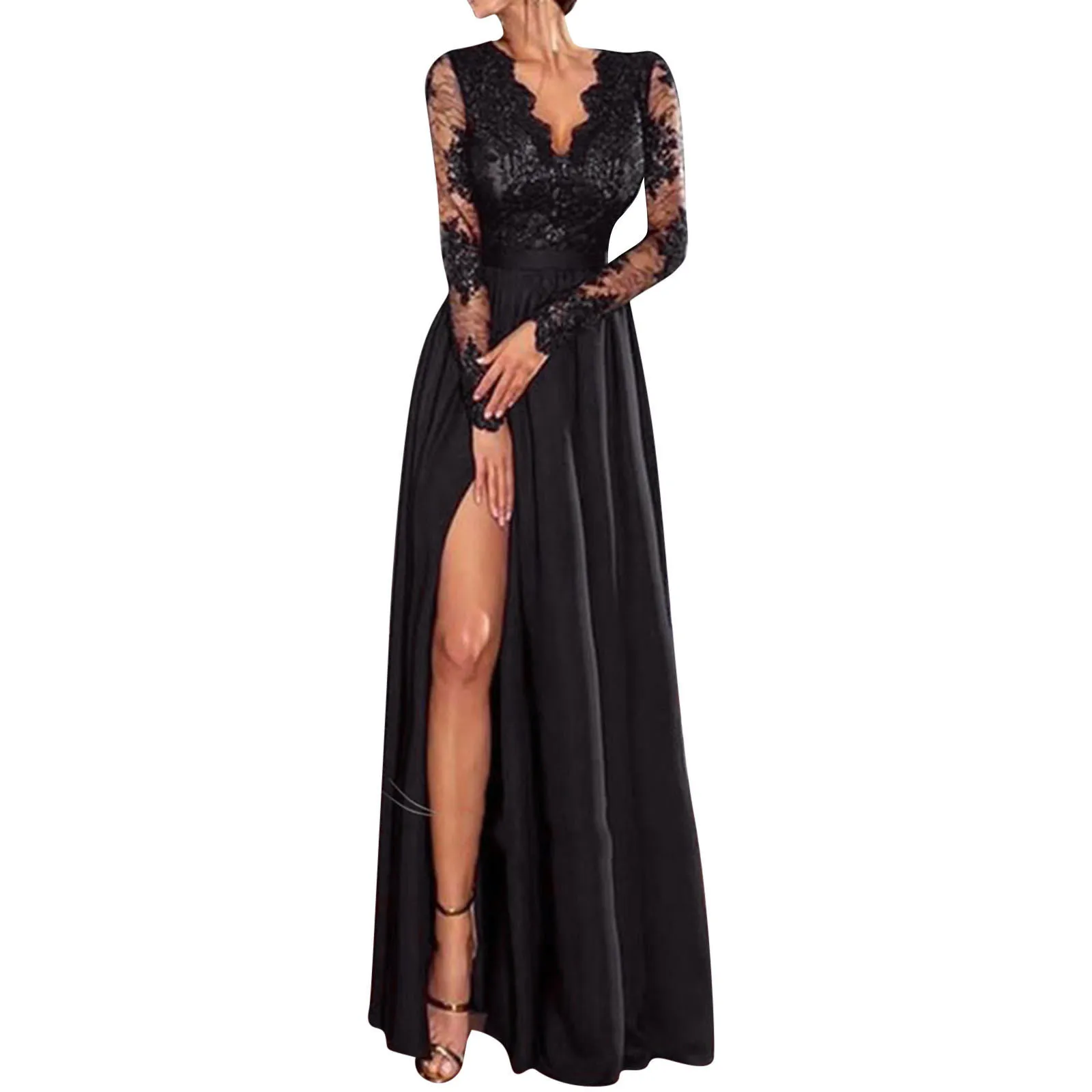 Vestidos de dama de honor de manga larga con cuello en V, Vestidos de fiesta de noche de boda, Vestidos de mujer elegantes y bonitos, Vestidos Maxi de encaje Floral