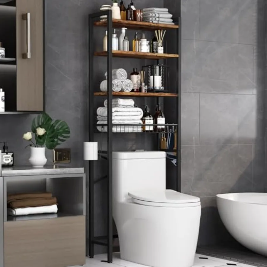 

Over-The-Toilet Storage Rack 4-Tier Bathroom Organizer Shelf with Adjustable Shelf and Basket Freestanding Space Saver in Vinta