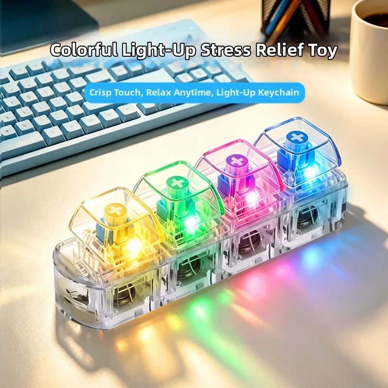 4 Keys LED Keyboard Keychain Crisp Clicky Press Feeling with LED Light Light Up Keycap Fidget Novelty Transparent
