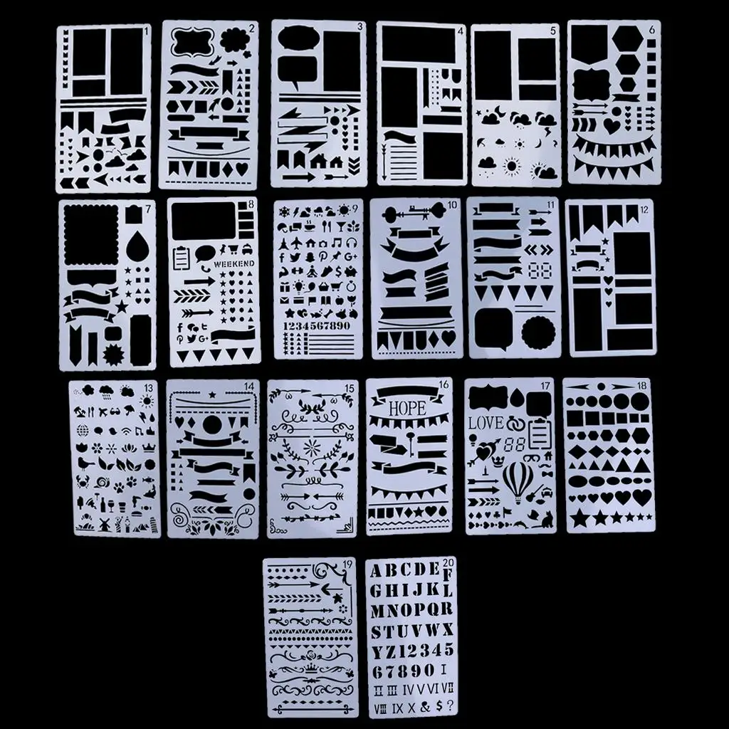 20 Pieces Stencil Drawing Templates Rulers for DIY Notebook Diary Scrapbooking Crafts