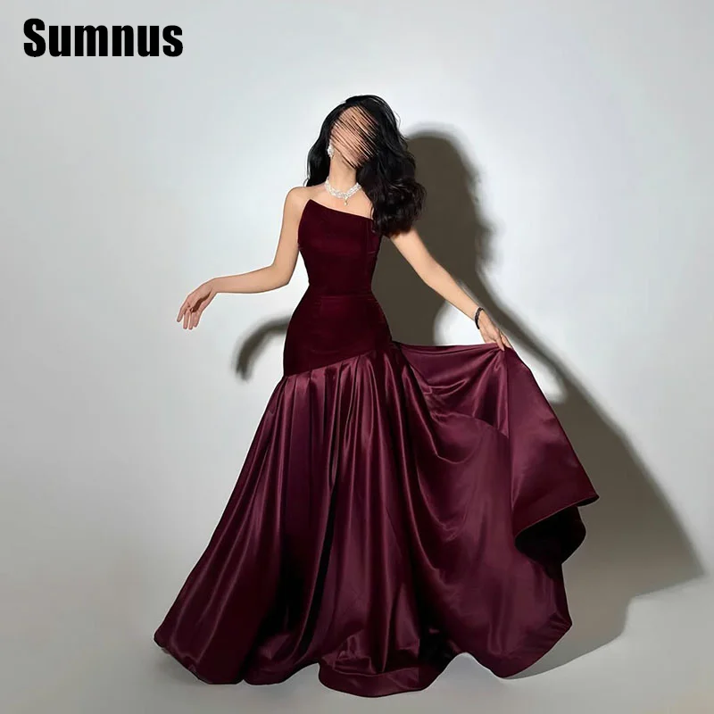 SUMNUS Velvet Burgundy Evening Dress Mermaid Sleeveless Floor Length Strapless Party Dress Elegant Prom Dresses Customized