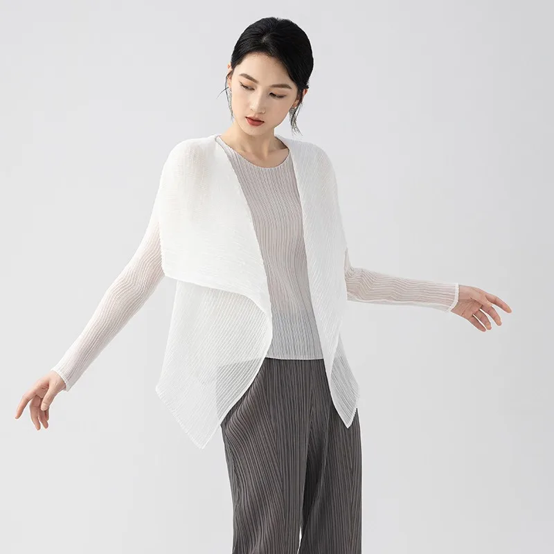 Miyake Pleated Jacket 2025 Summer New Fashion Tencel Light Comfortable Chiffon Pleats Shirt Peplum Sunscreen Cardigan Jacket
