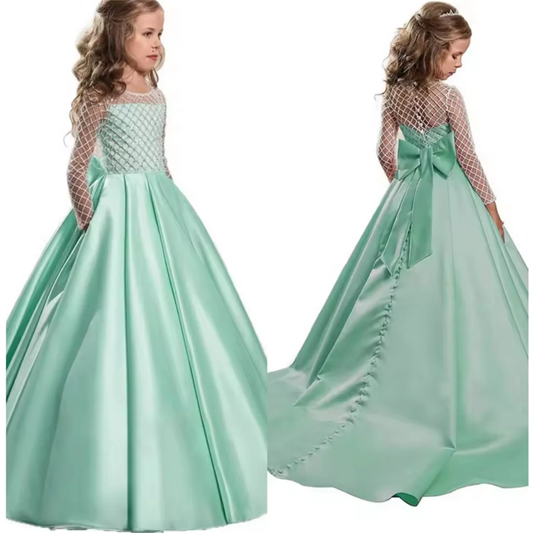 

Elegant Flower Girl Dresses for Wedding With Bow Satin Floor Length Girl Kids Birthday Party First Holy Communion Gowns