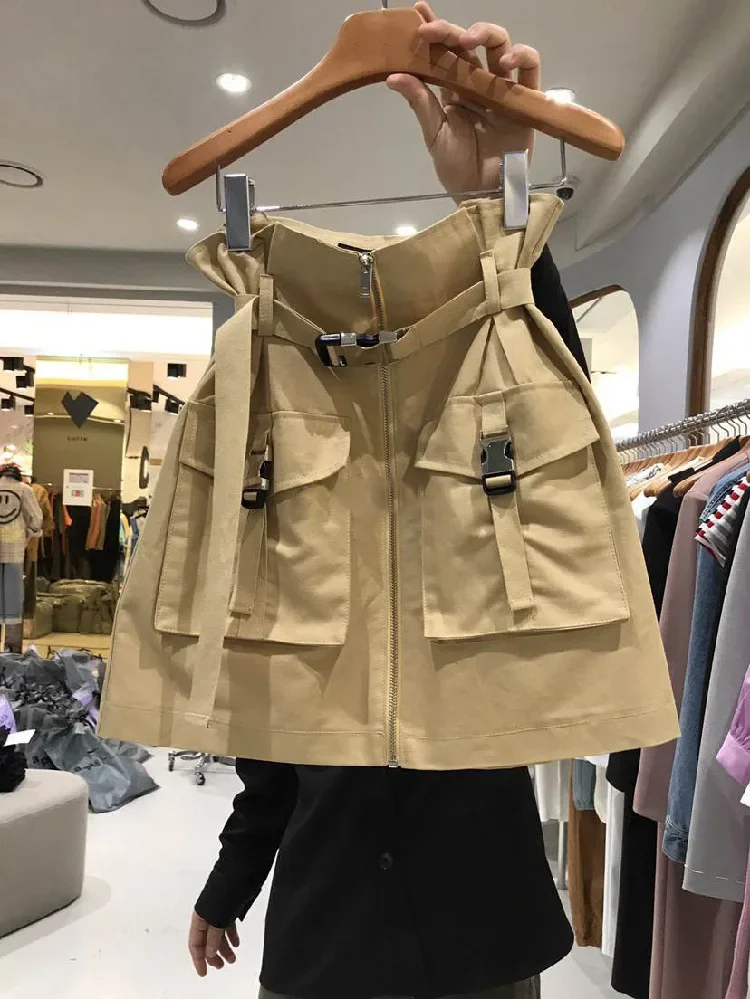 2023 Spring Summer New Korean Style High-Waisted Slimming Workwear Inspired Mini Dress Unique Pocket Solid Color Zipper