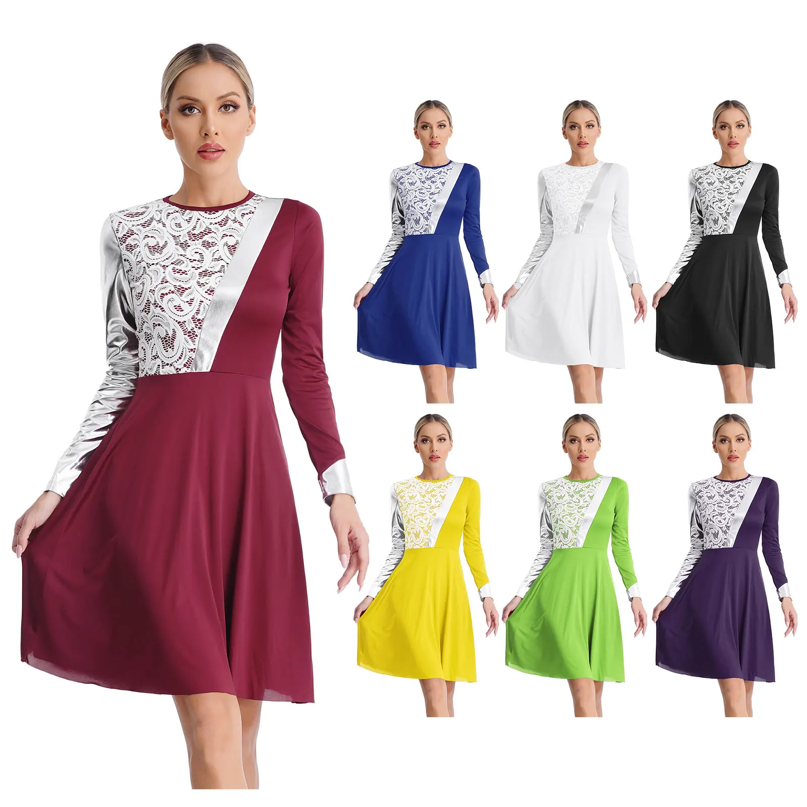 Womens Praise Lyrical Dance Dress Church Choir Performance Costume Hollow Out Lace Patchwork Metallic Long Sleeve Stage Dresses