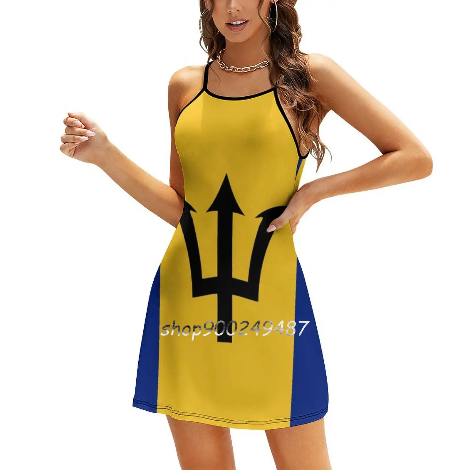 Barbados Flag Sweet Elegant Dress Women Korean Kawaii Square Collar Dress Barbados Flag Caribean Carribeen National Flags