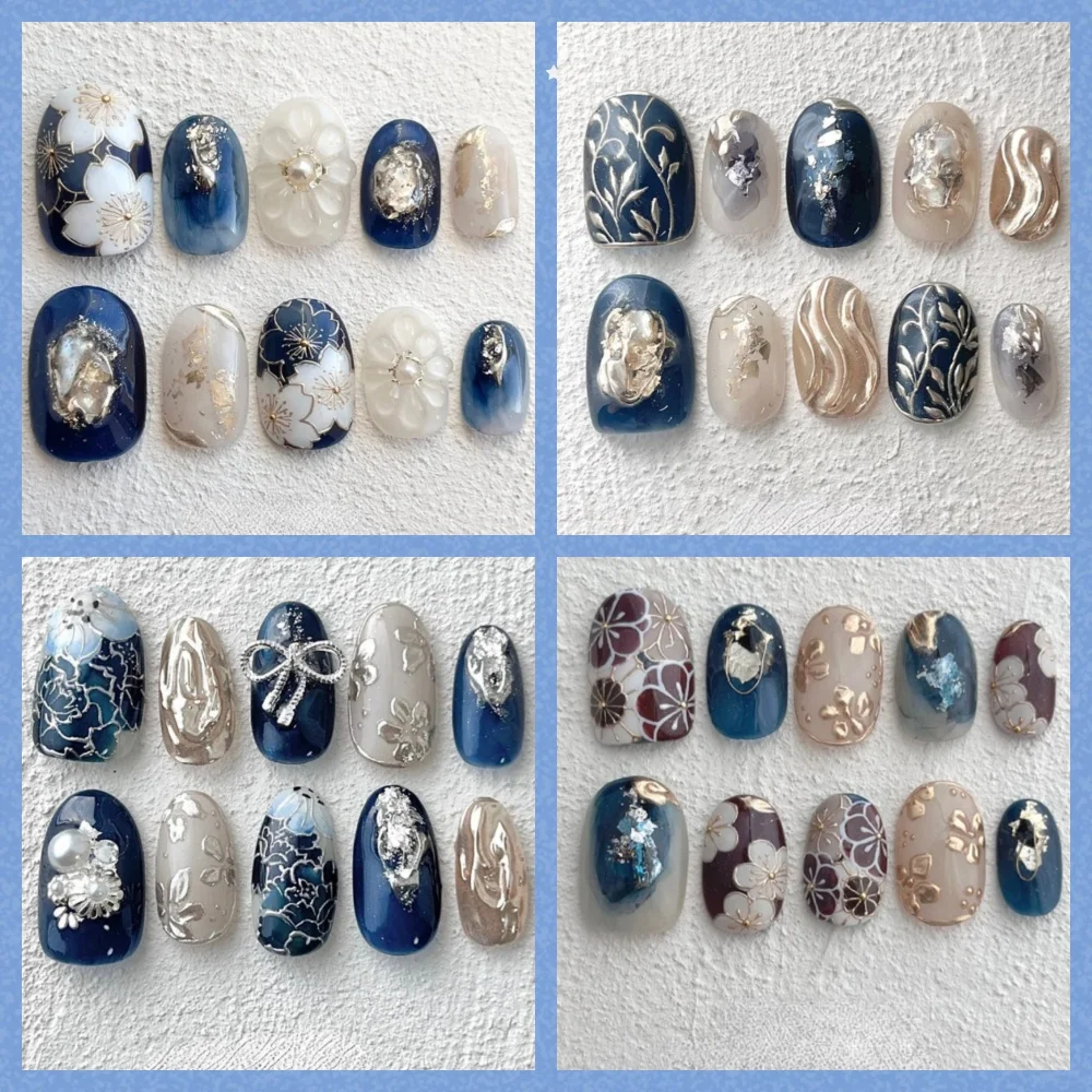 10 Pcs Handmade Spring/Summer Press On Nails Painting Blue Flowers Bow Fasle Nails 3D Japanese Style Nails Fake Nails with Set