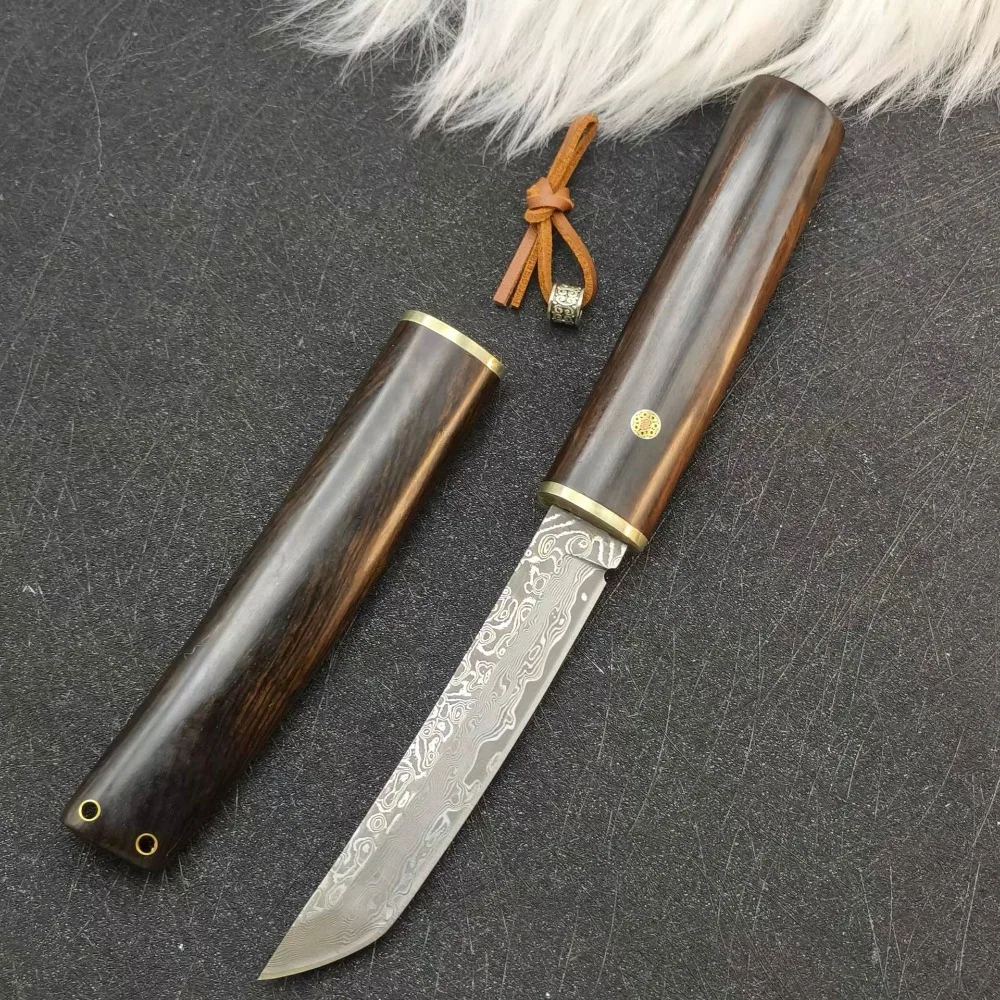 High Hardness VG10 Damascus Tanto Blade Ebony Handle Fixed Blade Pocket Knife Japanese Style Camping Survival Utility Edc Tools view 3