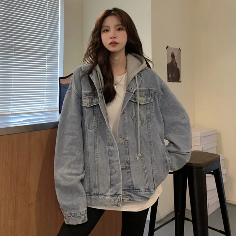 

2023 New Summer Women Denim Jacket Korean Casual Long Jean Coat Female Jeans Jacket Hooded Streetwear Coat Casual Lady Outwear