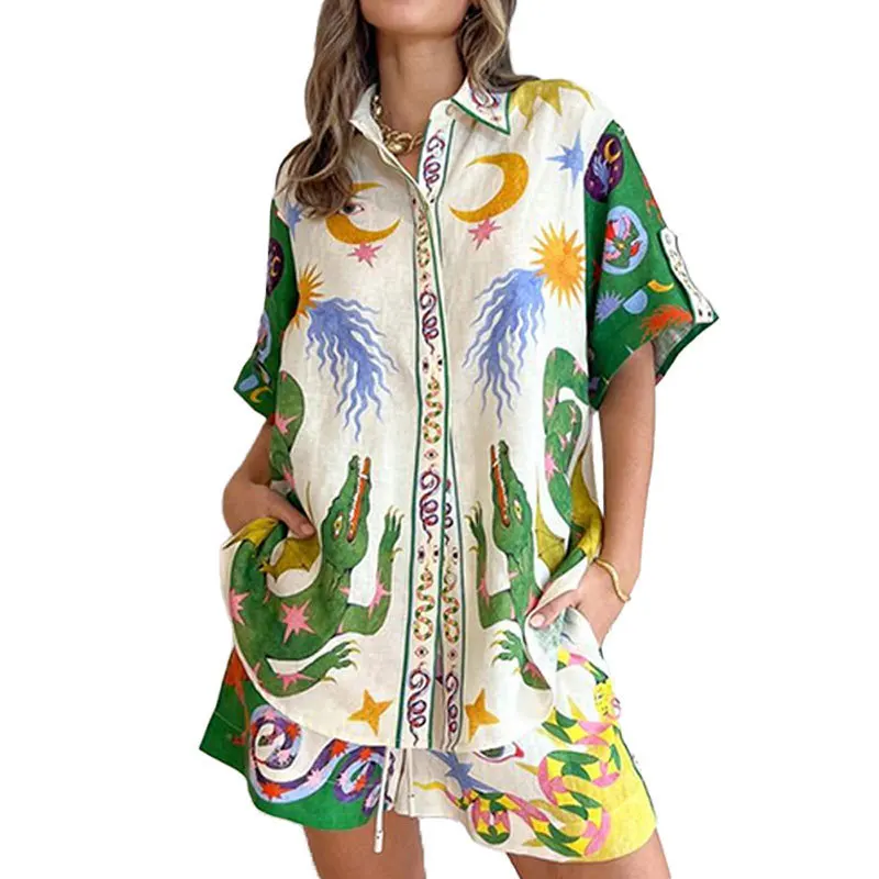 High Quality 2024 Summer Temperament Commuting Printing Three Quarter Sleeve Casual Women Shirt Blouses Fashionable Shorts Set