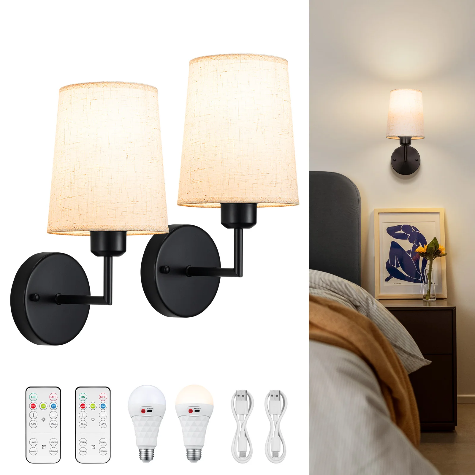 

Rechargeable Wall Sconces Wall Decor Set of 2 Wireless Wall Lights Wireless Battery Powered Sconces 3 Colors for Bedroom Living