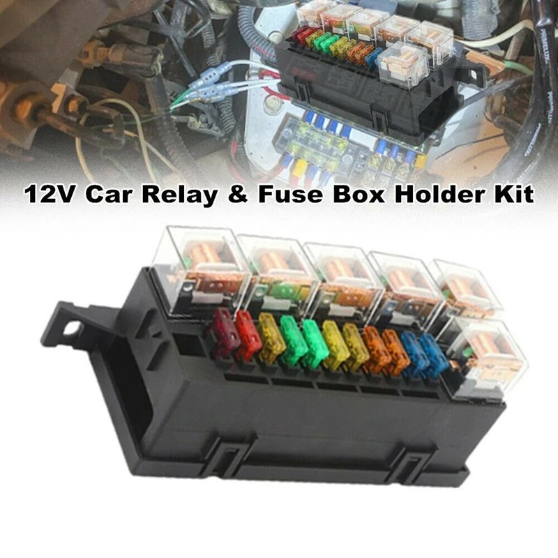 

12V Car Truck Tractor Relay & Fuse-Block Box Holder With 11PCS Blade-Fuse 6X Relay