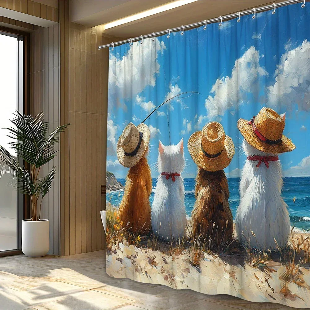 1pc Extra Large Bathroom Shower Curtain - Tropical Beach Cats with Straw Hats, Multi-Color Feline Decor White, Brown, Orange,VVV