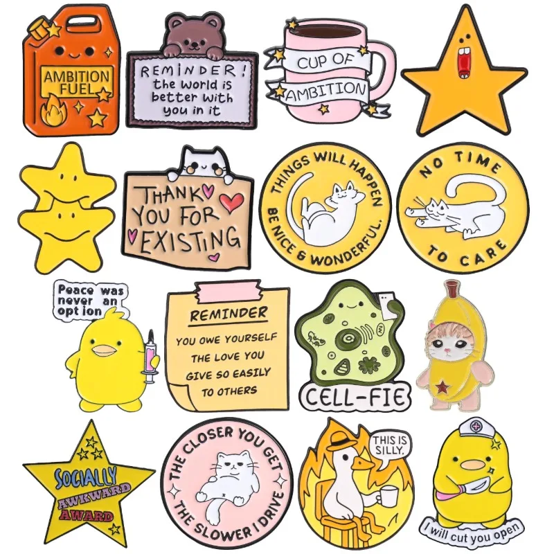 16 estilos de pines de esmalte con citas positivas y sarcásticas, broche de gato, enfermera, pato, ganso, estrella, insignia de solapa AMBITION FUEL, regalo de joyería Cell-fie