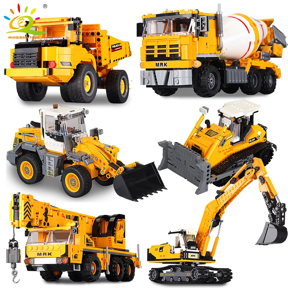 HUIQIBAO Engineering Truck Building Blocks Vehicle Excavator Bulldozer Crane Car Bricks City Construction Toys For Children Boys