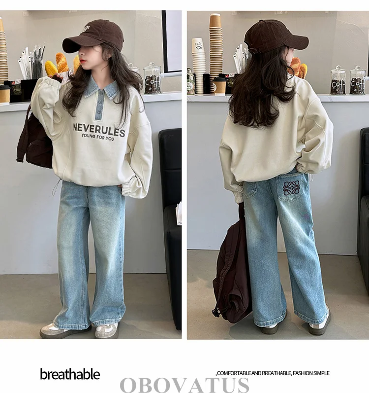 Koreanische Kinder-Langarm-Poloshirts für Mädchen Neue Mode Streetwear Kinder-Sweatshirt mit Denim-Kragen für Teenager im Alter von 5-14 Jahren – Detail 3