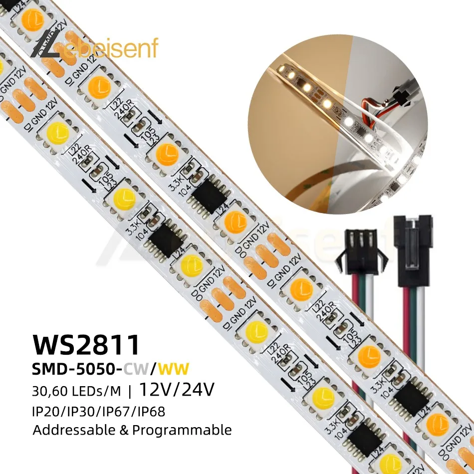 WS2811 5050 pojedynczy kolor ciepła biała lampa taśma pikselowa LED 3000K 6000K DC 12V 24V 30 lub 60 Leds/M do adresowania i programowania