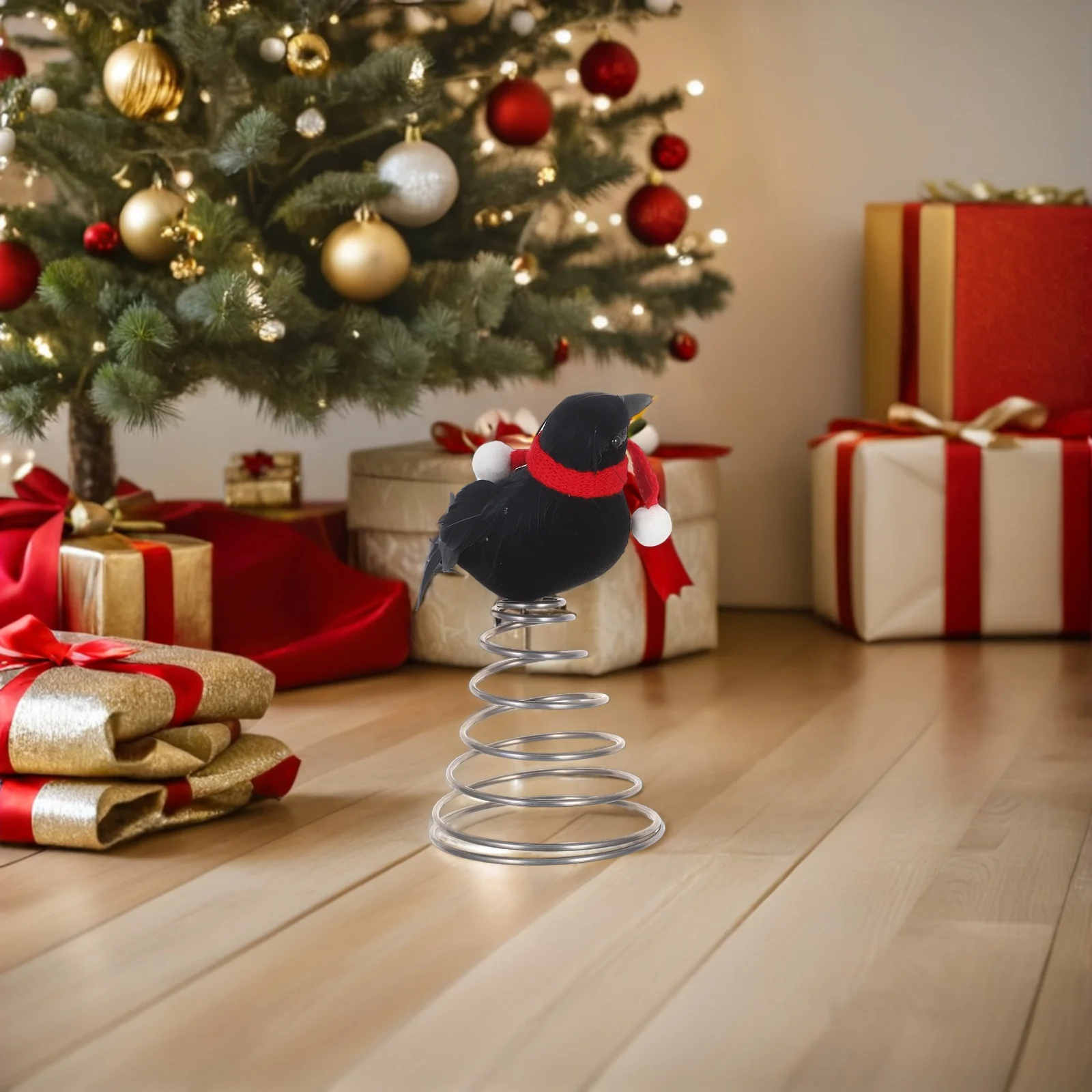 

Christmas Crow Tree Topper with Red Scarf Metal Bird Decoration for Holiday Seasonal Decor Small Tree and Tabletop Ornament