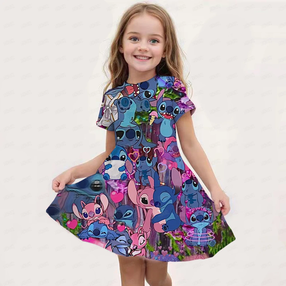 2024 Stitch Dress For Girls Children's Sleep Baby Summer Clothes StrayKids 3d Print Skirt Original Clothing Short-Sleeved Skirt