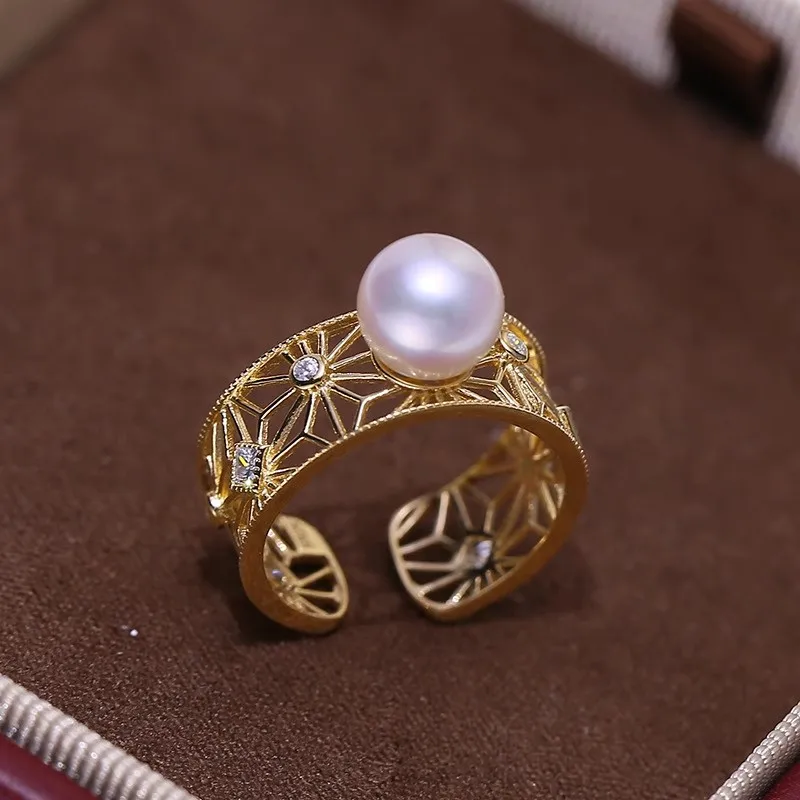 MeiBaPJ 8-9mm Natural Nearround Pearl Fashion Golden Ring DIY 925 Silver Holder Setting Fine Wedding Jewelry for Women