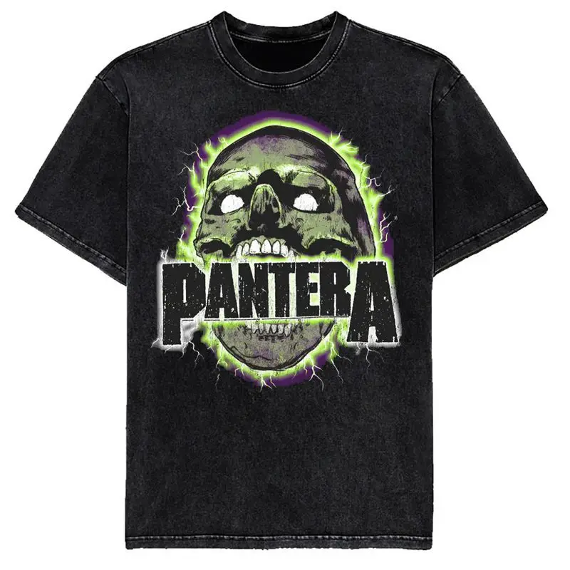 

Черная футболка с графическим принтом Pantera Heavy Metal Band Green Skull Purple Lightning, летняя хлопковая мужская футболка 2026 года