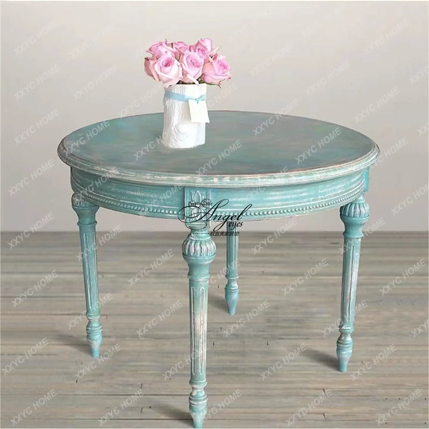 Dining table Country round dining table Antique solid wood carving flower small apartment family dining room table