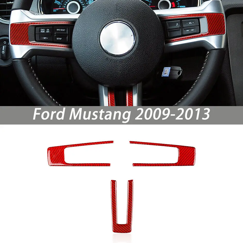 

3Pcs Red Carbon Fiber Steering Wheel Panel Cover Trim For Ford Mustang 2009-2013