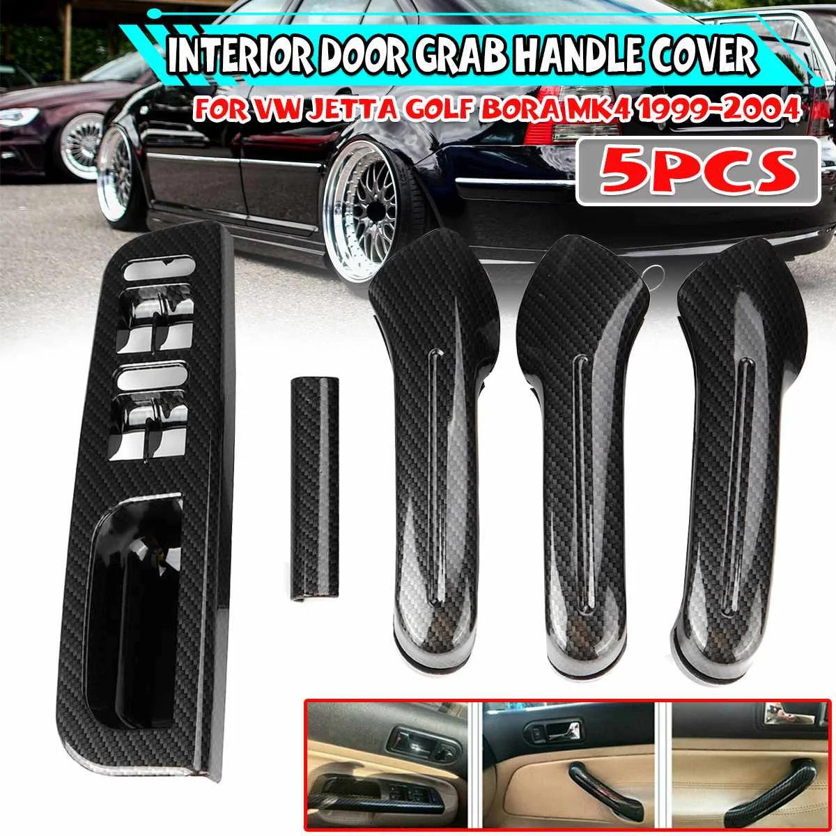 

A Set Carbon Fiber Look Car Interior Door Grab Handles Cover + Switch Cover Frame For VW For Jetta For Golf Bora MK4 1999-2004