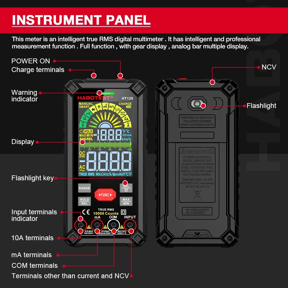 HT129 Smart Digital Multimeter 9999 Counts AC/DC Ammeter Voltmeter USB Rechargeable Ohm Diode NCV Multimeter Tester Color Screen