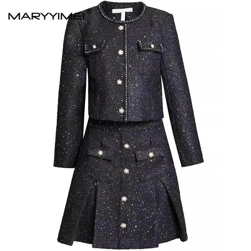 

MARYYIMEI Autumn and winter fashionable Women's Suit Long-Sleeved Single-Breasted Jacket top+Casual Short skirt 2 piece set