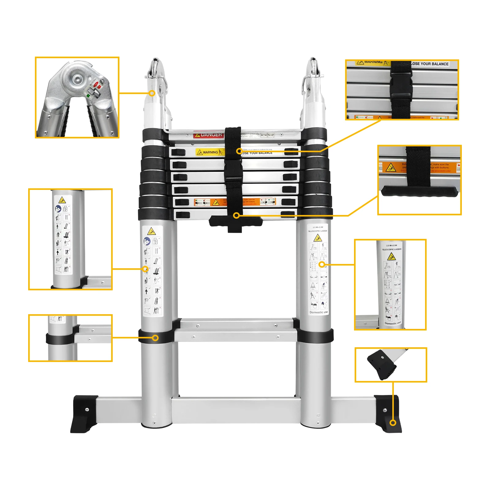 5M Dual-use folding ladder with support rod A-type aluminum ladder lightweight A-frame anti-wobble commercial indoor and outdoor