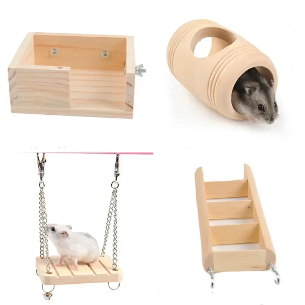 Hamster Roller Toys Natural Wooden Pine Dumbells Unicycle Bell Chew Toys for Guinea Pigs Rat Small Pet Molars Supplies