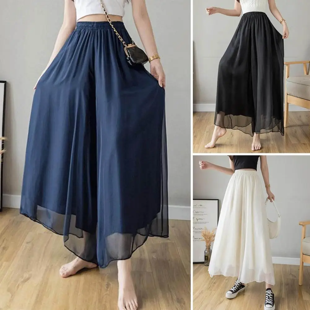 

Casual Trousers Women Wide-leg Pants Elegant Women's Chiffon Long Pants Double-layered Elastic Waist Solid Color Mesh for Any