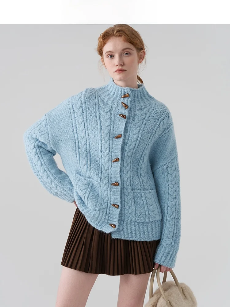 

Thiened Knitted f-High Collar Women's Sweater Coat Retro Sle Long Sve Jiujiu Vintage Cozy Winter Outerwear