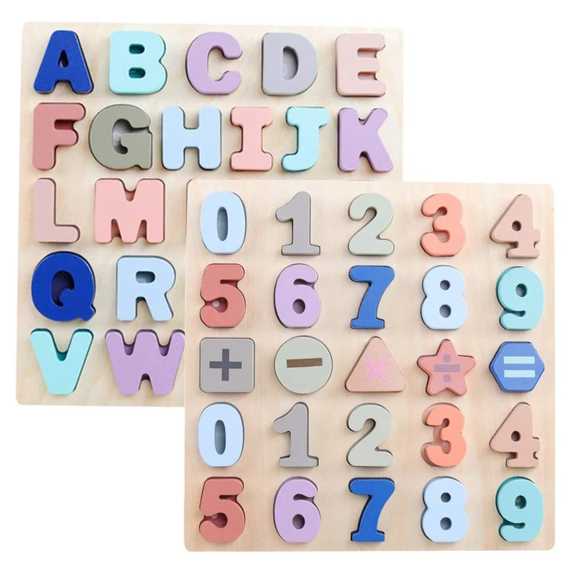 

2 Pcs Wooden Alphabet Chunky Puzzles Set Upper Case Letter And Number Wood Learning Board Educational Toys For Toddlers