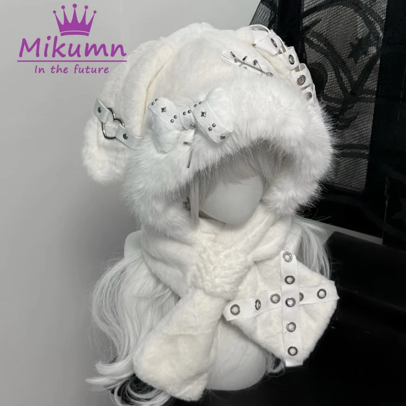 

Mikumn Women Harajuku Y2K Girls Plush Winter Warm Hat Gothic Punk Rivet Metal Fluffy Bone Rabbit Ear Scarf Beanie Hat Streetwear