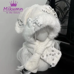 Mikumn Women Harajuku Y2K Girls Plush Winter Warm Hat Gothic Punk Rivet Metal Fluffy Bone Rabbit Ear Scarf Beanie Hat Streetwear