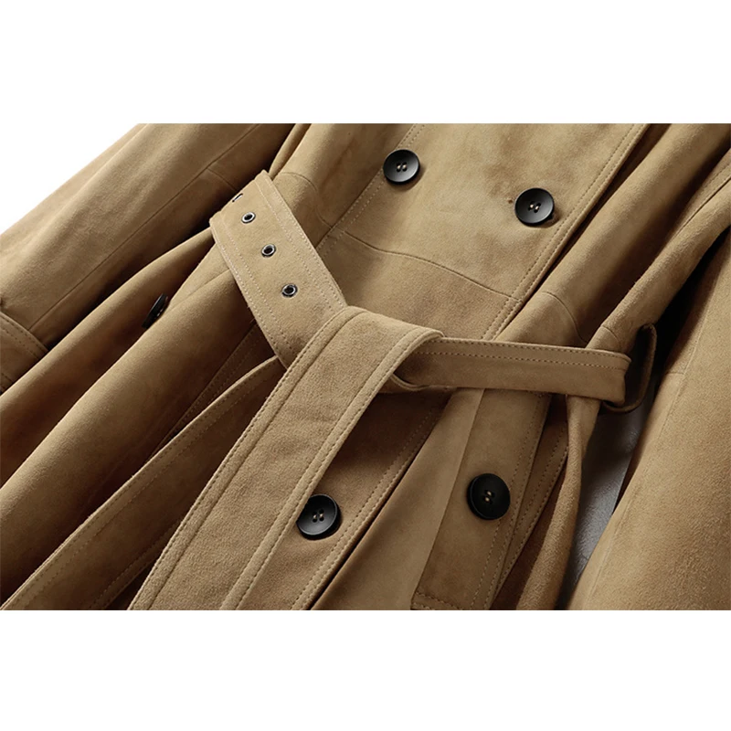 Trenchcoat aus 100 % Ziegenleder-Wildleder für Damen, klassischer britischer Stil, zweireihig, schmal geschnitten, mittellanger Trenchcoat aus echtem Schaffell